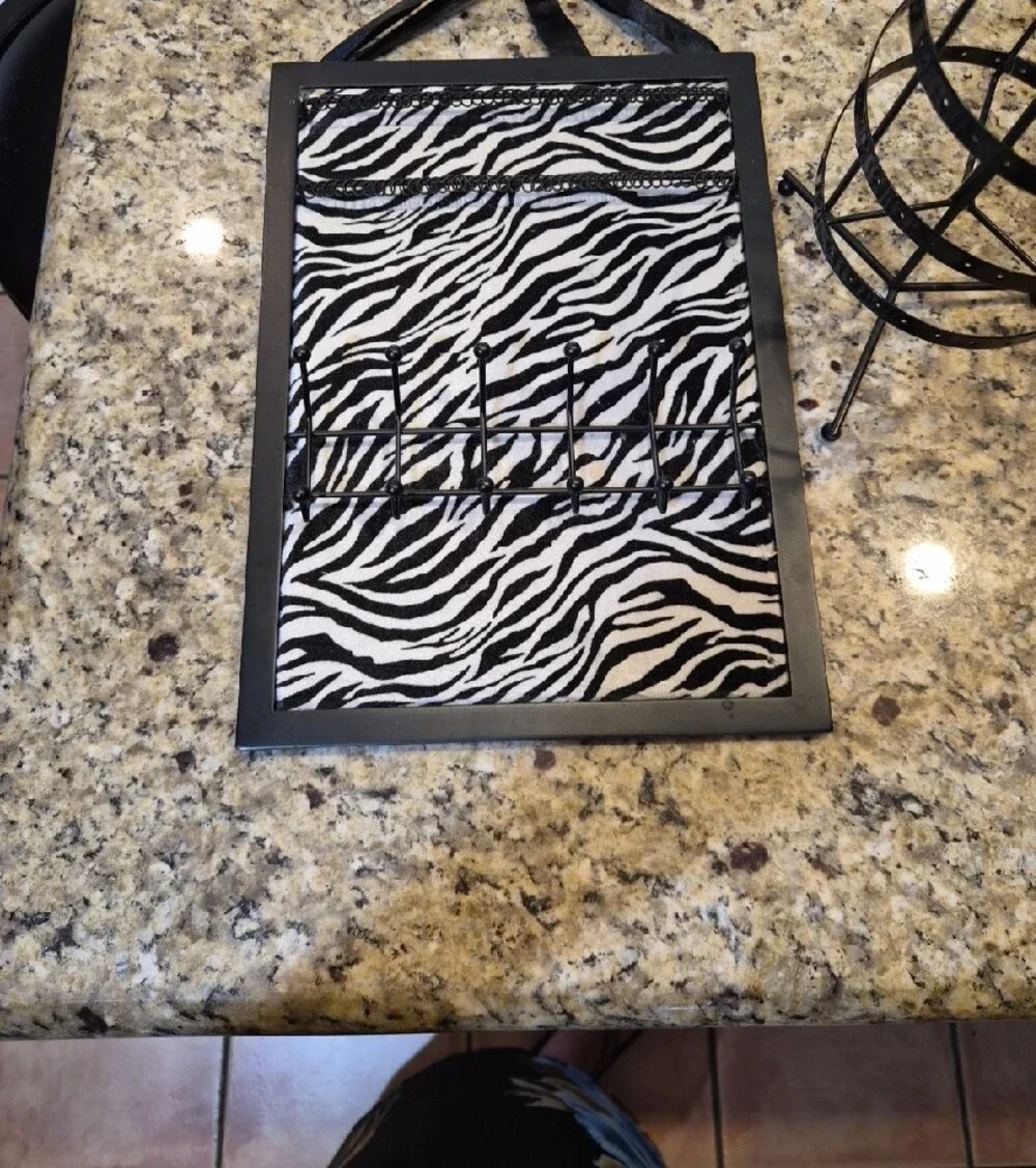 Zebra Print Wall Jewelry Organizer and Black Metal Earring Stand - Pair